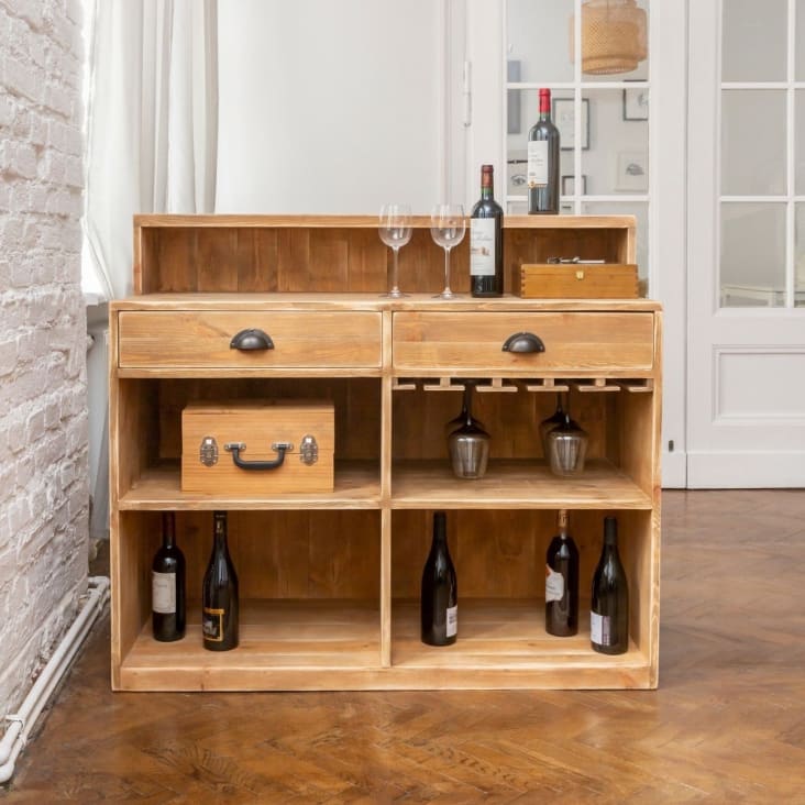 Bar à vin 2 tiroirs rangement verres bois massif LAURENT