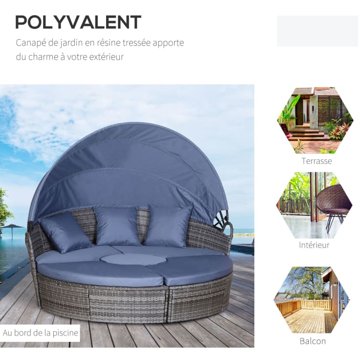 Lit canapé de jardin modulable 8 coussins résine grise polyester bleu cropped-4