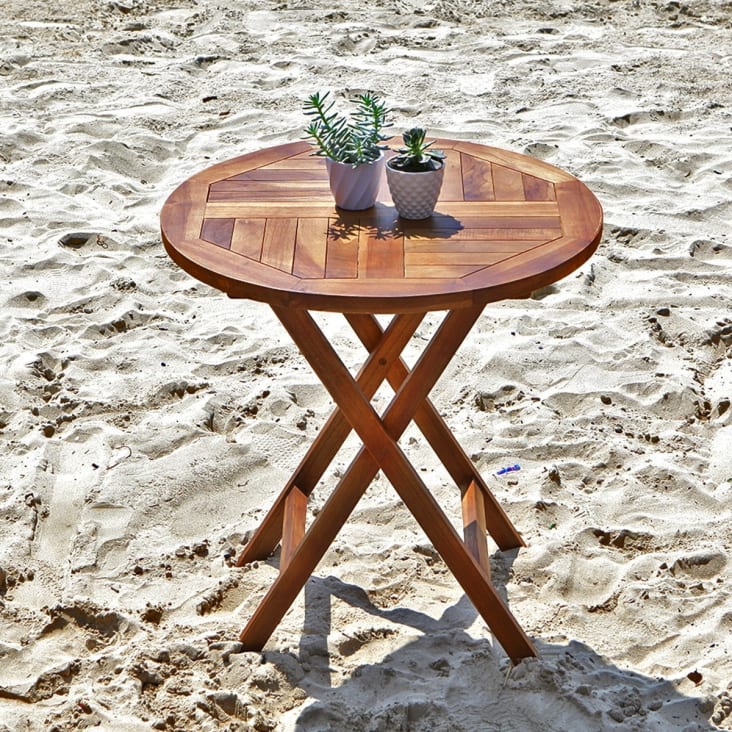 SALON DE JARDIN EN BOIS TECK 2 personnes - Ensemble de jardin - 1 Table  ronde pliante 80 cm et 2 chaises
