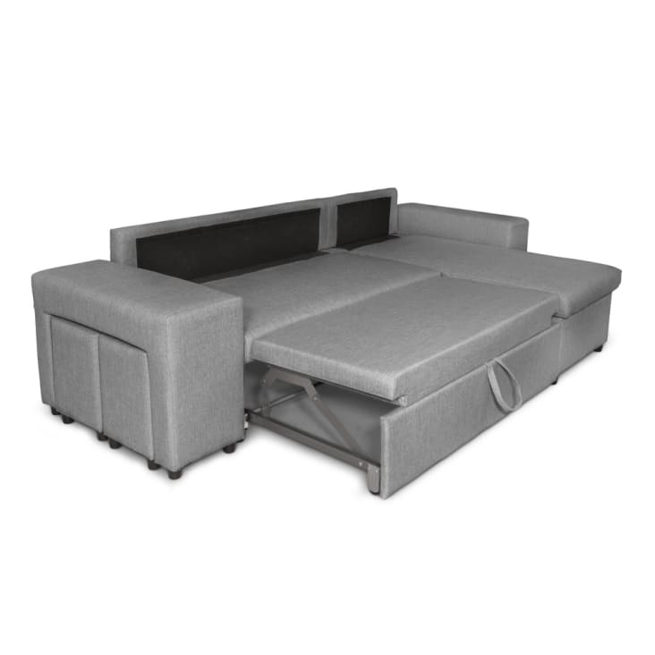 Canapé d'angle convertible gris clair avec rangement poufs à gauche-Mady cropped-8