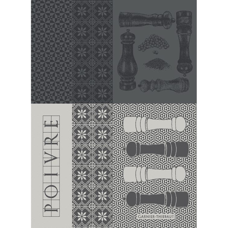 Torchon  pur coton gris 56x77-Poivrieres noir