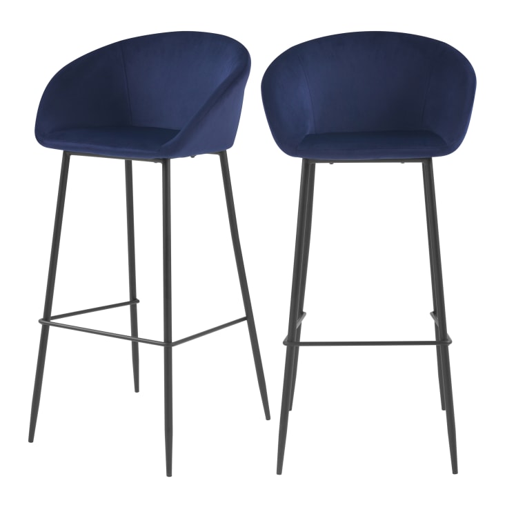 Chaise de bar 75 cm en velours bleu (lot de 2)-Marquise