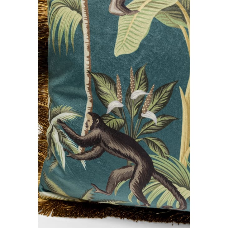 Coussin bleu imprimés singes et feuilles à franges 45x45-Jungle fever cropped-3