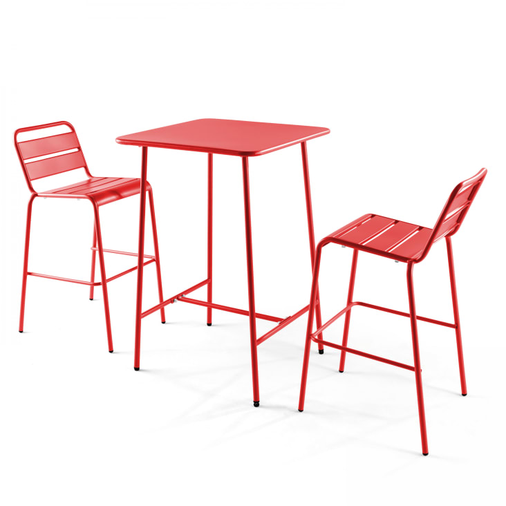 Ensemble table de bar et 2 chaises hautes en métal rouge-Palavas