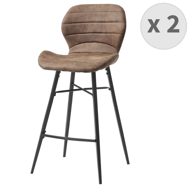 Chaise de bar industrielle microfibre vintage marron / métal noir (x2)-Arizona