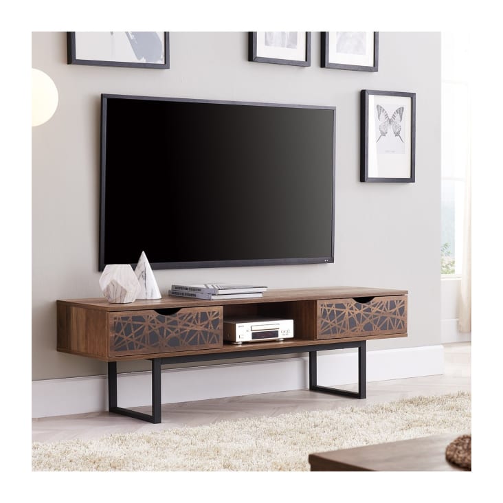 Meuble TV 2 tiroirs et 1 niche effet bois et motifs noir - L140 cm-Anaelle cropped-2