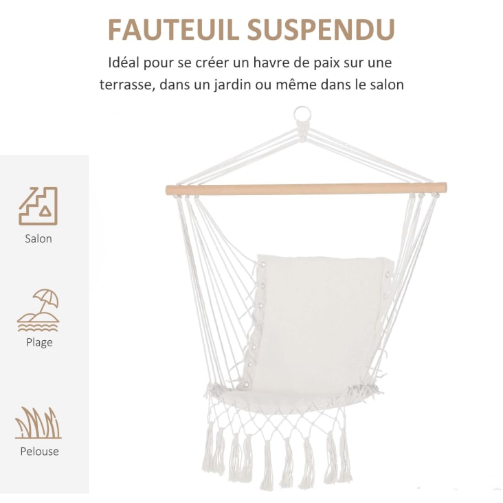 Chaise suspendue assise dossier rembourrés macramé coton beige cropped-4