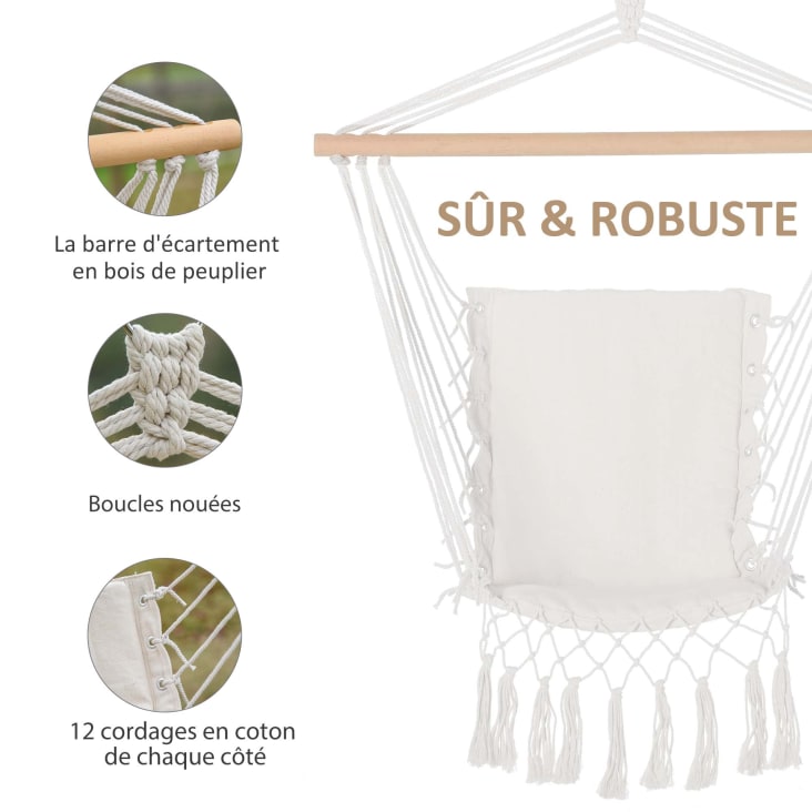 Chaise suspendue assise dossier rembourrés macramé coton beige cropped-6