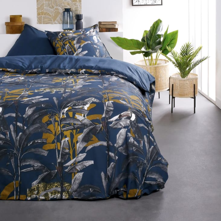 Parure de lit 2 personnes imprimé jungle en Coton Bleu 220x240 cm SUNSHINE