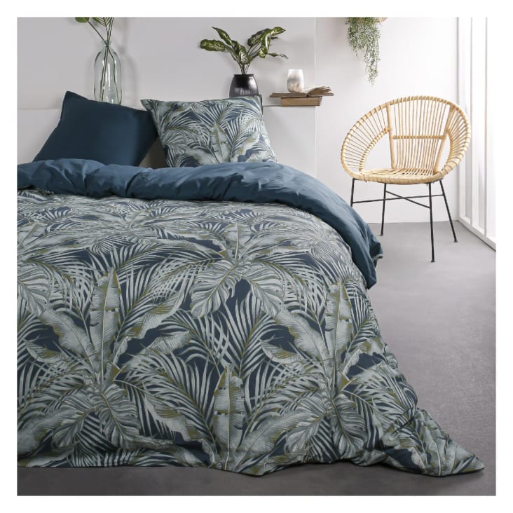 Parure de lit 2 personnes imprimé jungle en Coton Bleu 220x240 cm-Sunshine