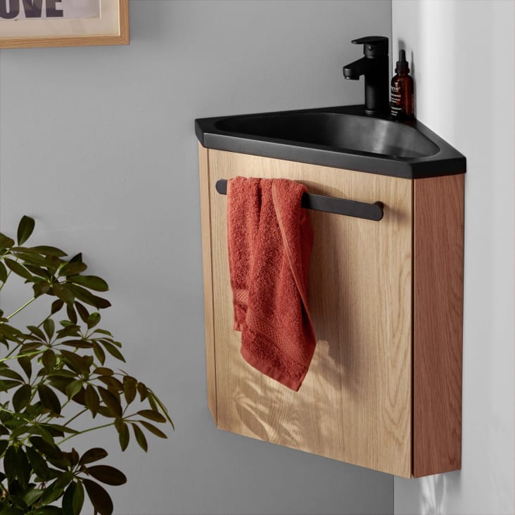 Meuble lave-mains  décor chêne avec vasque noire + robinet noir-Skino cropped-2