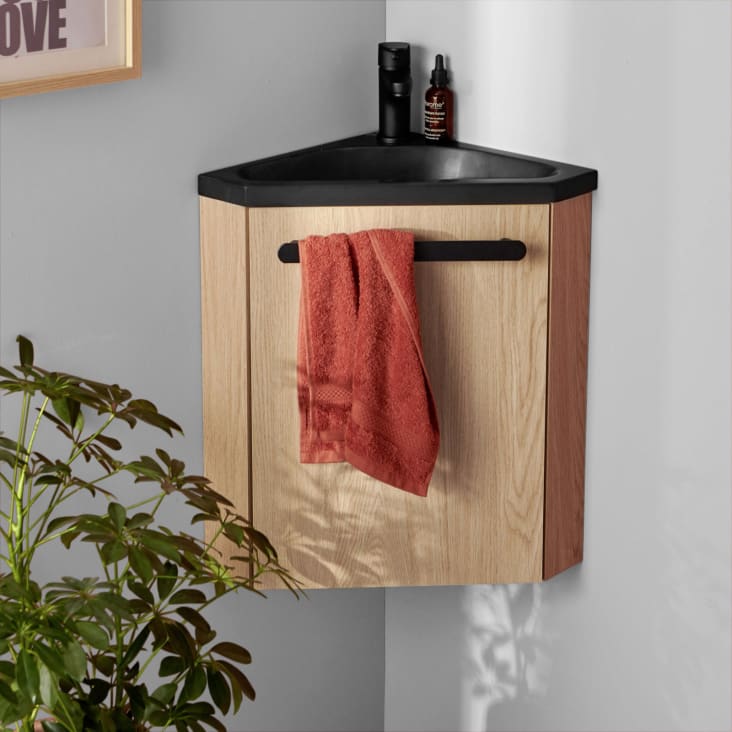 Meuble lave-mains  décor chêne avec vasque noire + robinet noir-Skino cropped-3