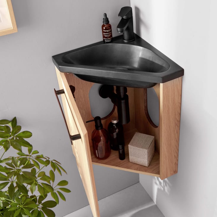 Meuble lave-mains  décor chêne avec vasque noire + robinet noir-Skino cropped-5