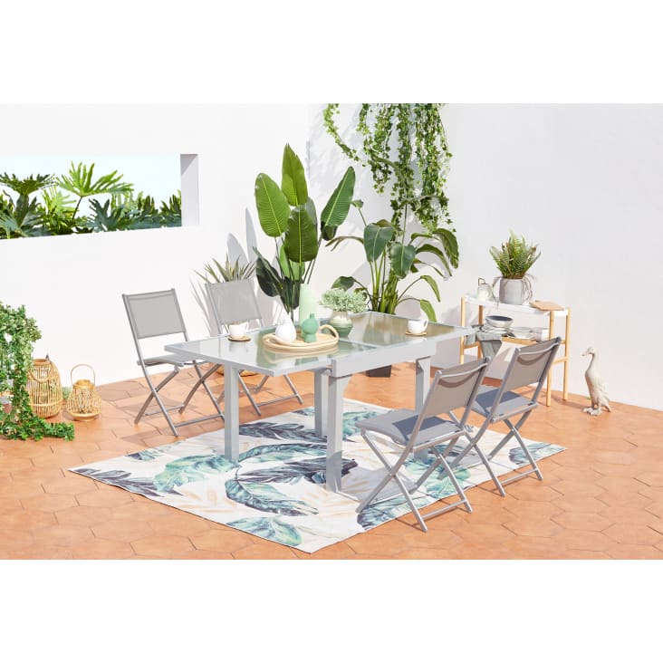Conjunto jardín Formentera mesa cristal templado y 4 sillas ratán