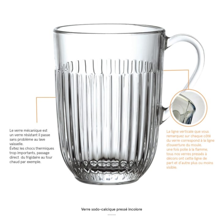Lot de 6 - Mug 35 cl en verre trempé extra résistant transparent