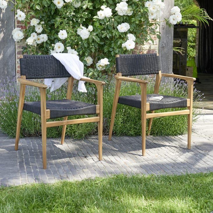 2 fauteuils de jardin en teck massif et cordage noir-Midland cropped-2