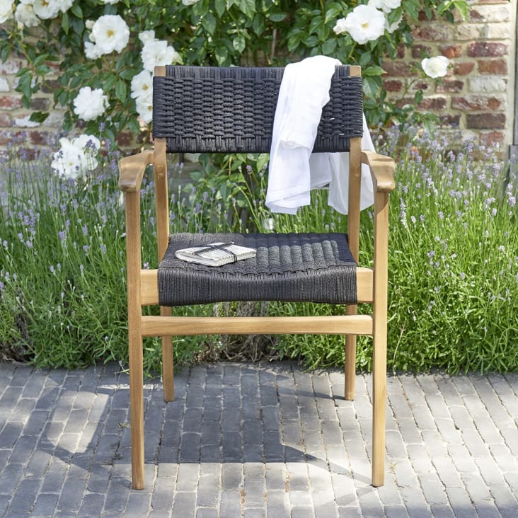 2 fauteuils de jardin en teck massif et cordage noir-Midland cropped-3