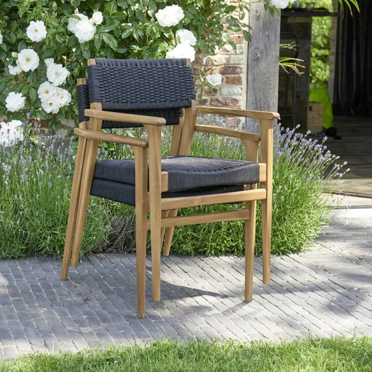 2 fauteuils de jardin en teck massif et cordage noir-Midland cropped-4