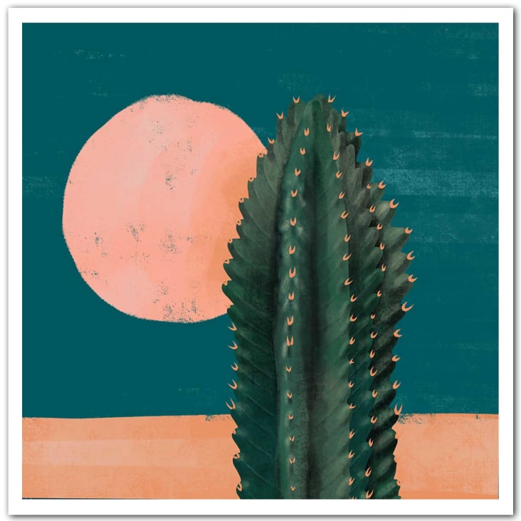 Affiche illustration cactus et soleil rose sans cadre 30x30cm