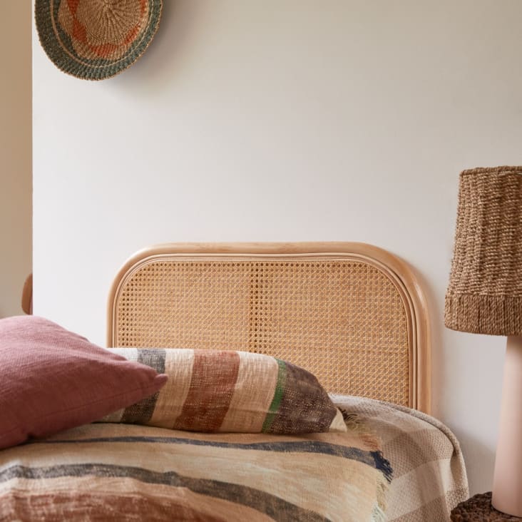 Cabecero de cama de madera y yute cama 150 cm en color marrón claro Kerlin