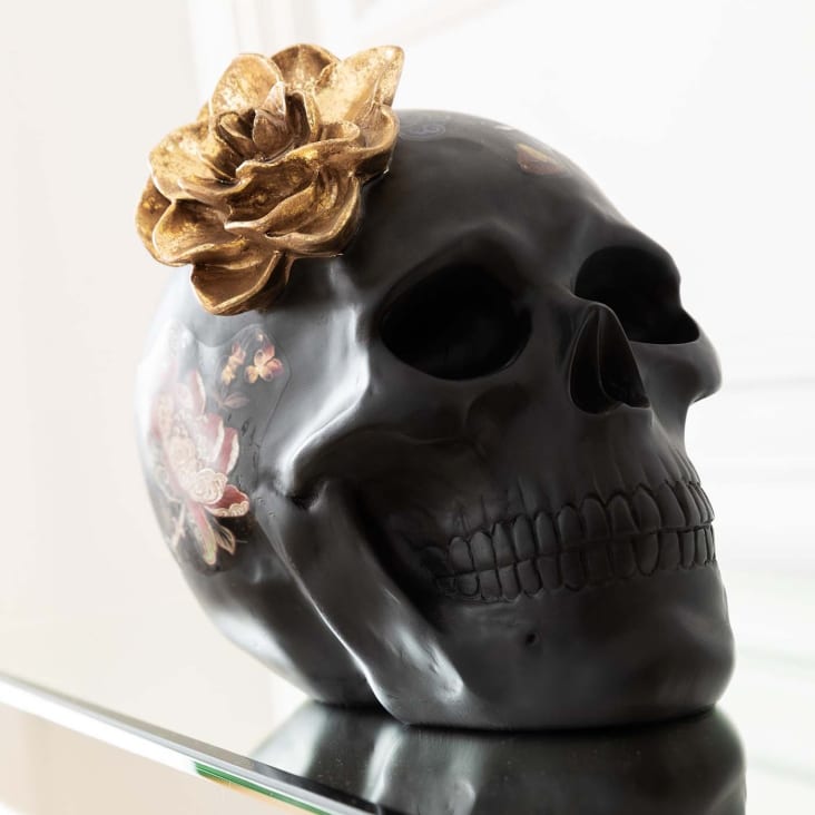 Statuette crâne fleurs en polyrésine noire cropped-2