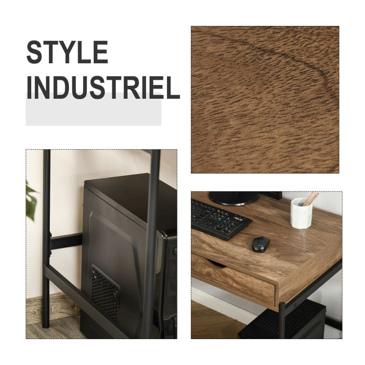 Bureau style industriel tiroir 2 niches métal noir aspect bois