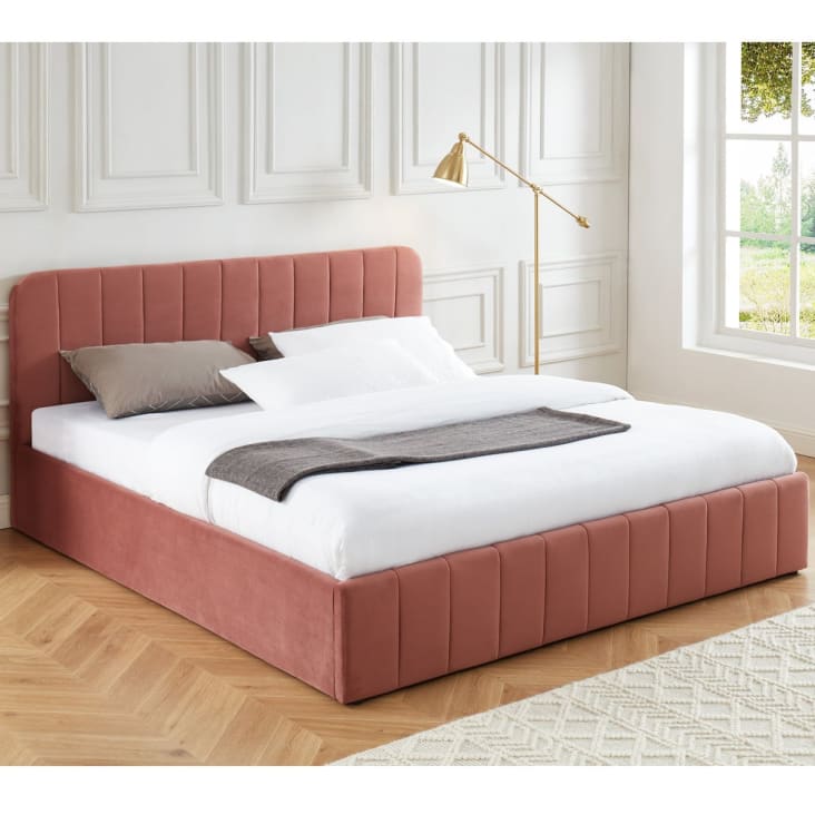 Lit coffre 140x190cm en velours rose blush avec tête de lit + sommier à  lattes - ava - Conforama