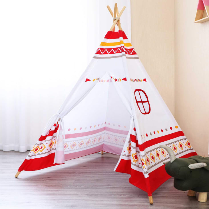Tente enfant décorative en bois de peuplier et polyester recyclé vert et  blanc OULANKA
