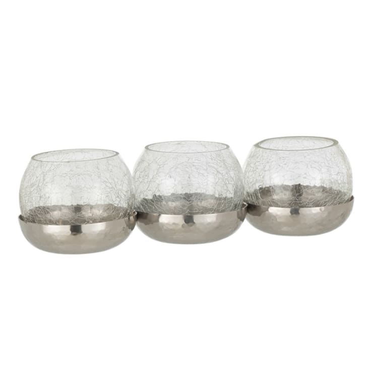 Photophore 3 boules verre/acier inoxydable argent-CRAQUELÉ