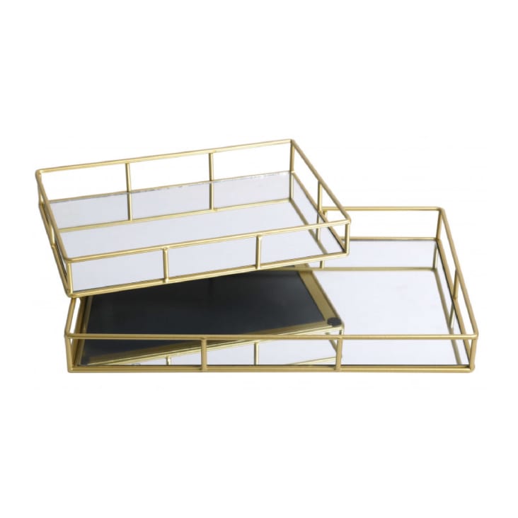 Set de 2 plateaux en métal doré et miroir rectangulaires 40x25x5cm-MIROIR