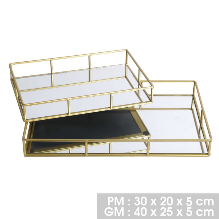 Set de 2 plateaux en métal doré et miroir rectangulaires 40x25x5cm-MIROIR cropped-2
