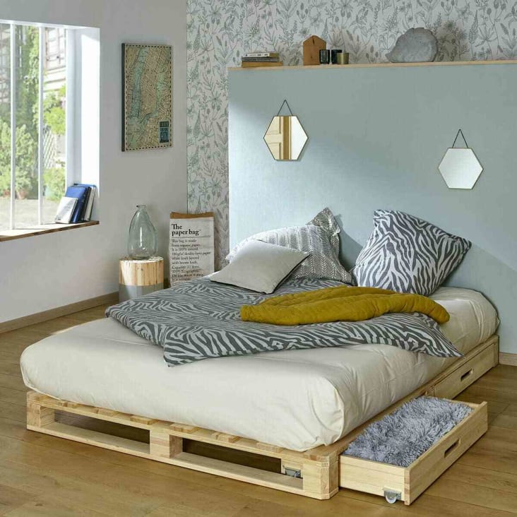 Cama con somier y colchón madera maciza natural 120x190 cm MELBA