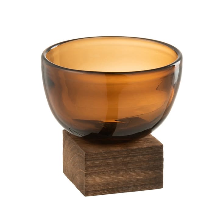 Vase sur pied large bois et verre marron H11,5cm-VERRE