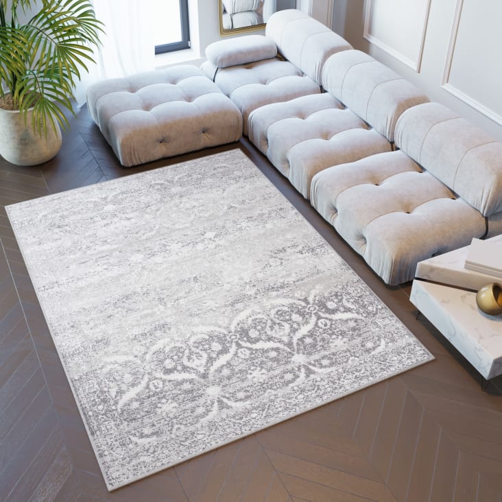 Alfombra de salón tradicional gris blanco vintage suave 200 x 300 cm SKY