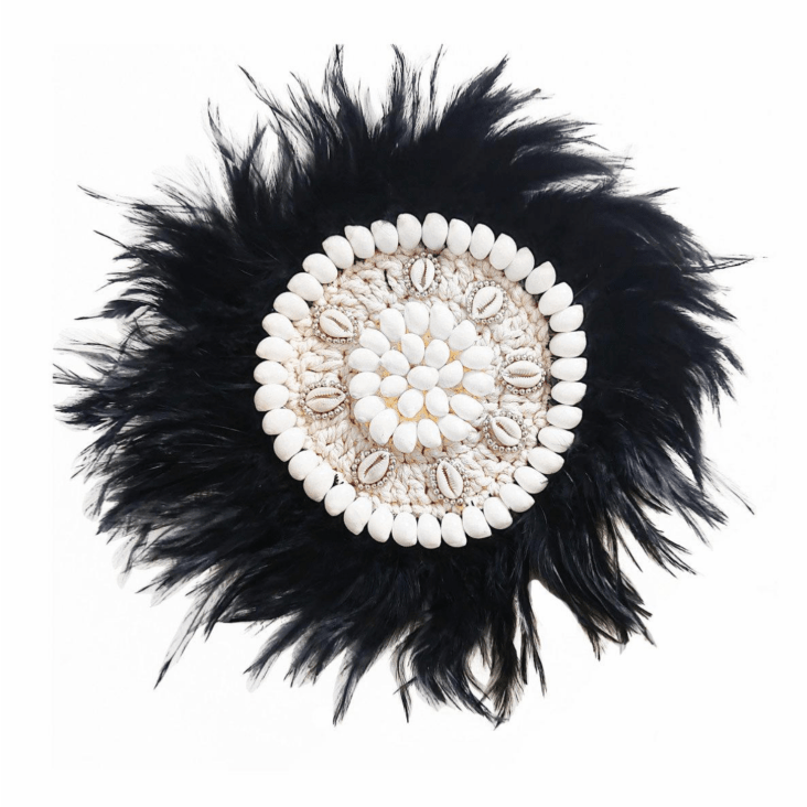 Décoration en plumes et coquillages, noir/ blanc D30 cm-BALIRA