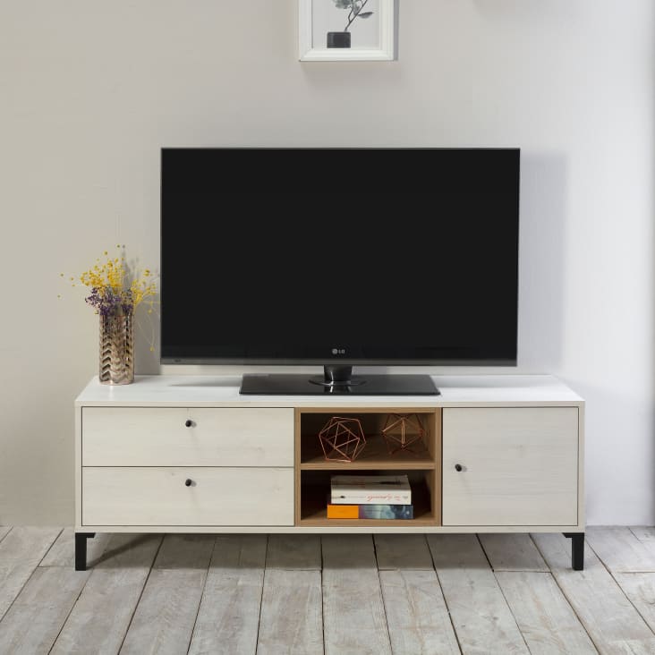Mueble tv 2 cajones y 1 puerta, color blanco/madera, 136,5x40x47 cm JAVEA