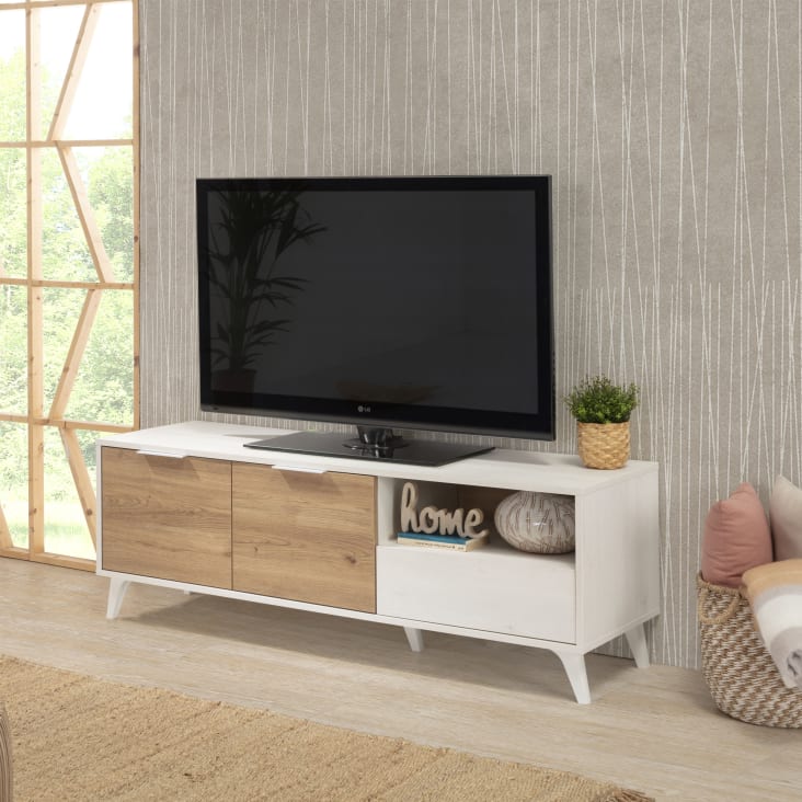 Mueble tv 2 puertas y 1 cajón, color blanco y madera, 136,5x40x48,5 cm KOLN