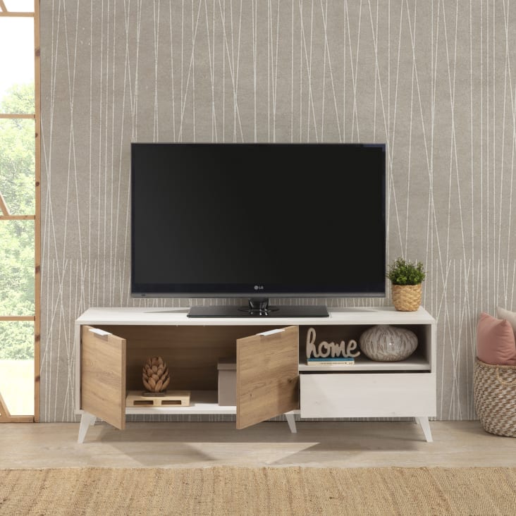 Mueble TV suspendido 130 cm con LED de 16 colores - 4 cajones - blanco