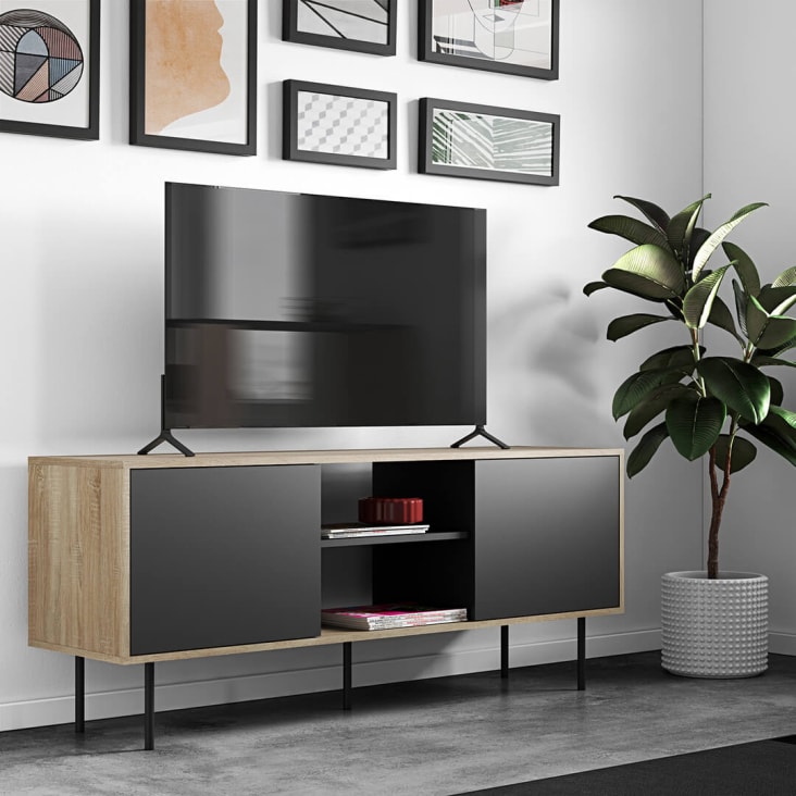 Mueble TV negro de madera maciza de roble Monolit