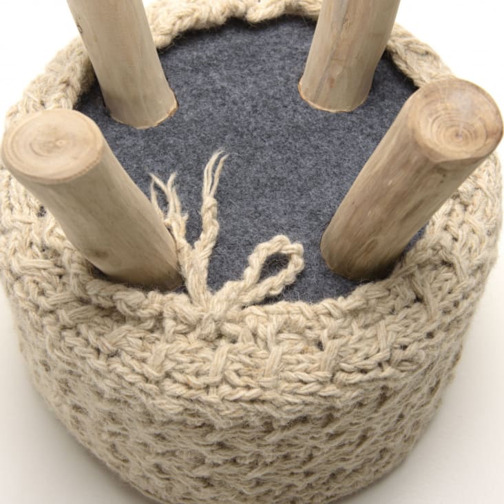 Tabouret rond bois et laine ivoire CHARLES