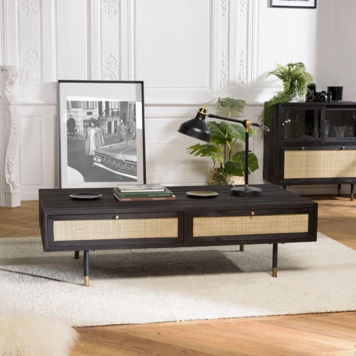 Table basse en pin noire 4 tiroirs cannage L140-Yanis cropped-2