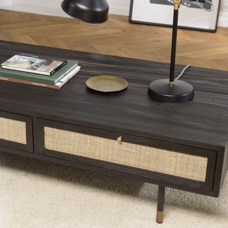 Table basse en pin noire 4 tiroirs cannage L140-Yanis cropped-3