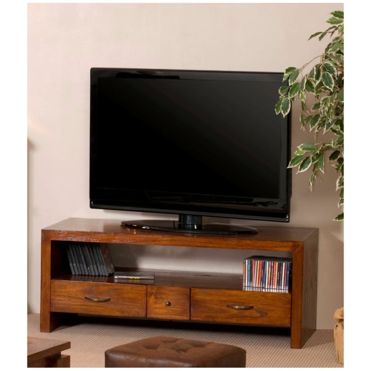 Mueble tv marrón con 2 cajones grandes y 1 pequeño de madera de