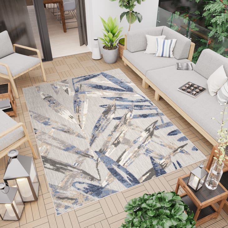 Tappeto interni esterni 3d blu beige crema gris foglie 120x170cm PATIO