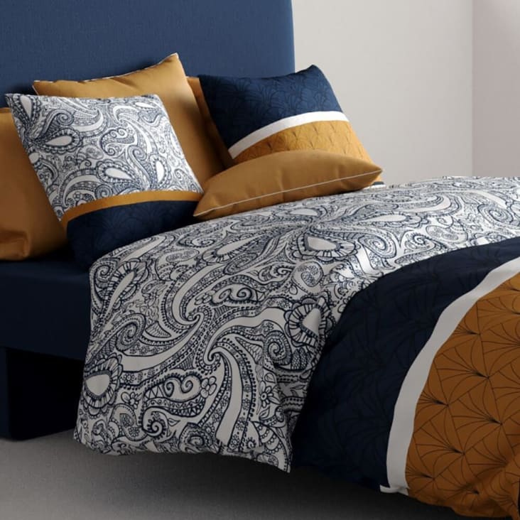 Housse De Couette 3 Pièces Home Linge Passion - 100% Coton 57 Fils - 240x260cm - TILT BLEU NAVY - Lavable Machine