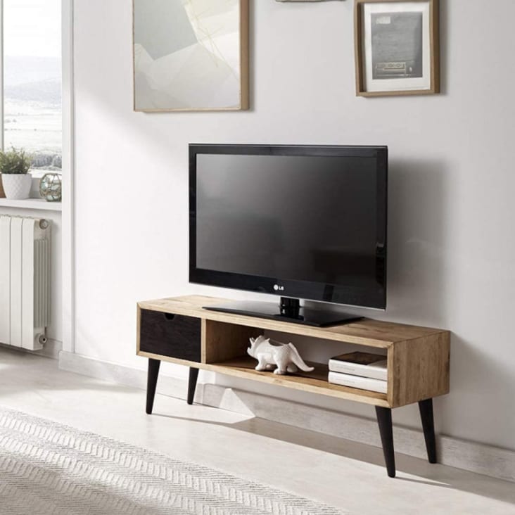 Mueble tv escandinavo encerado y negro madera maciza pino natural