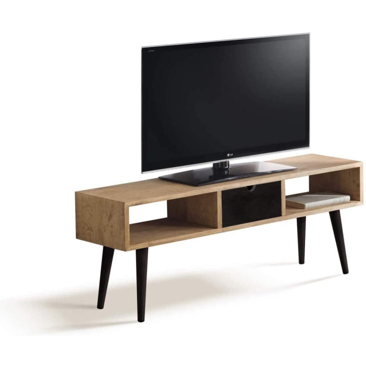 Mueble tv estilo industrial madera maciza de pino encerado y negro.