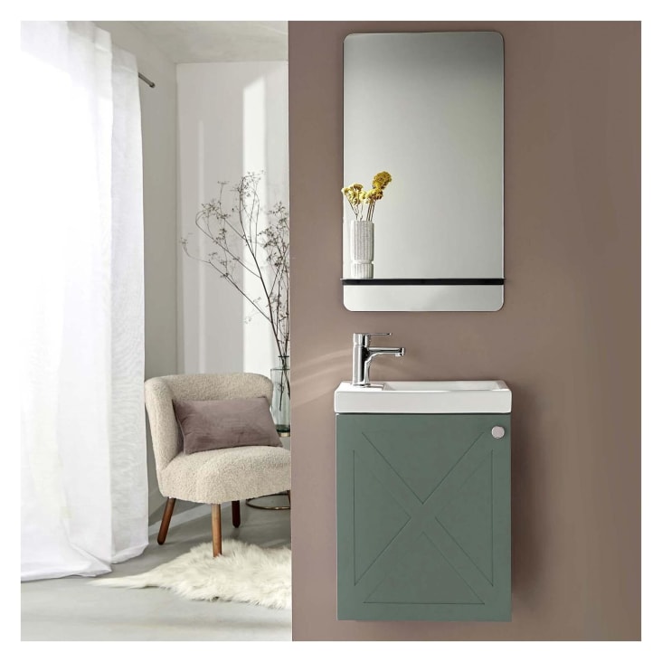 Meuble lave-mains  vert de gris + miroir tablette blanche + rob chromé-Ava cropped-2