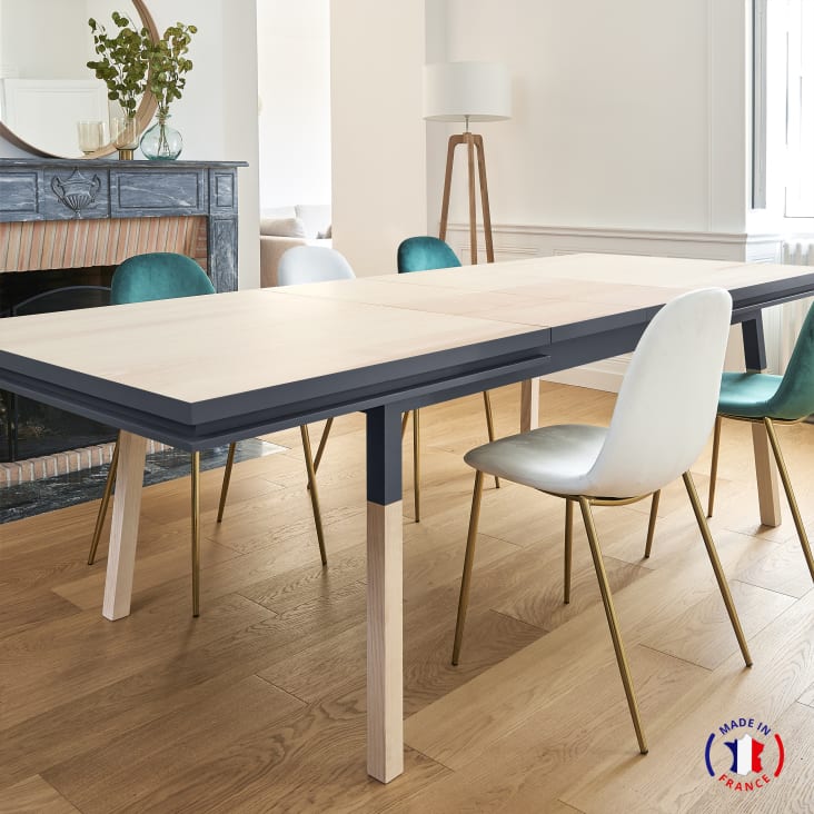 Table 160x100 cm en frêne massif, 2 rallonges bleu sombre de rance-Egee cropped-2