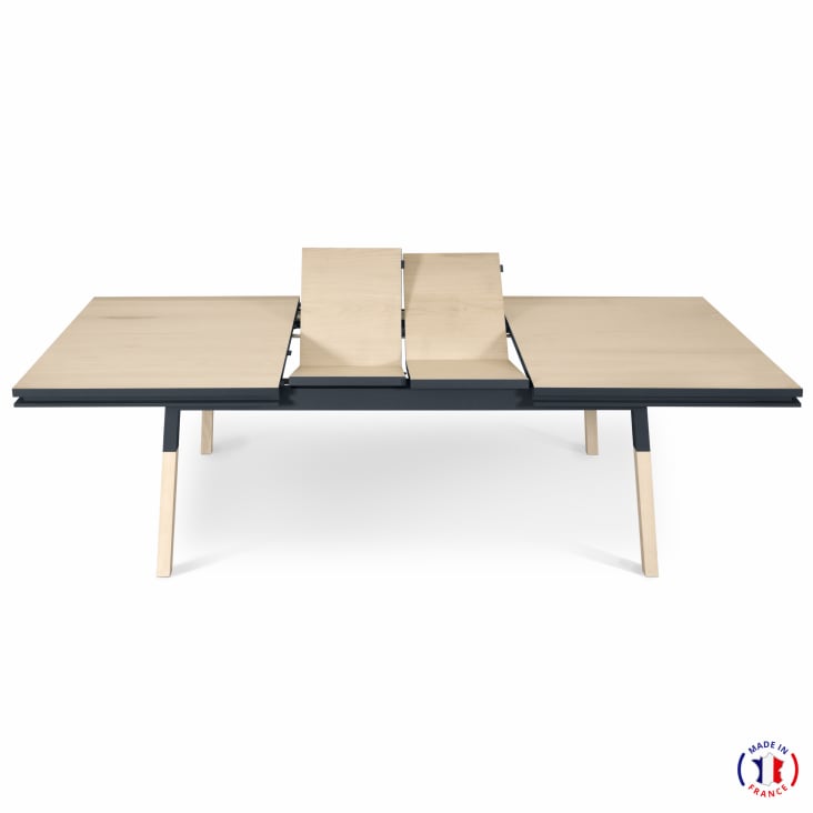 Table 160x100 cm en frêne massif, 2 rallonges bleu sombre de rance-Egee cropped-3